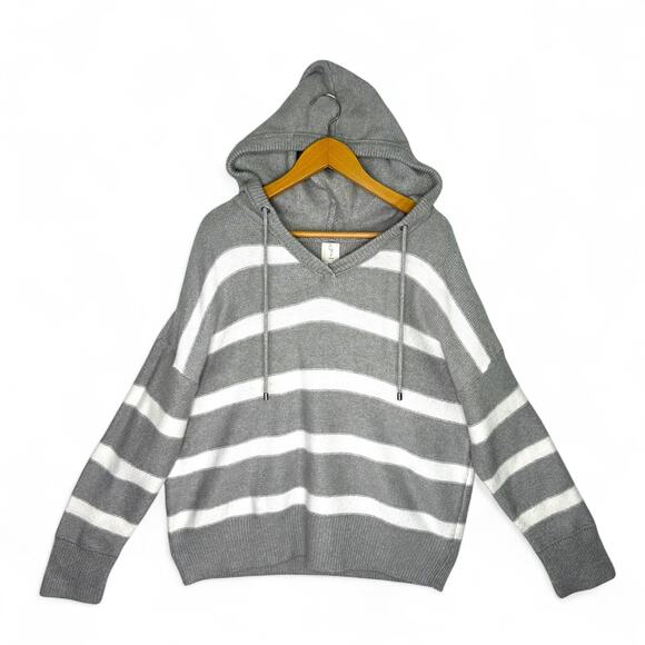 Joie Women's Striped V Neck Hooded Sweater Size L Gray White Stripe Draw Sting - Picture 2 of 8